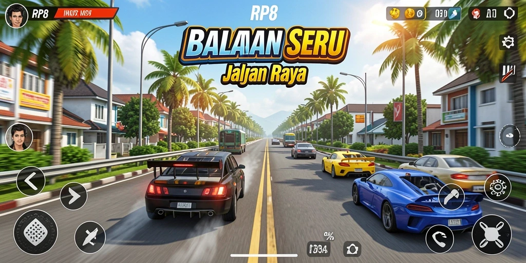 Screenshot utama RP8 menampilkan aksi balapan yang mendebarkan.